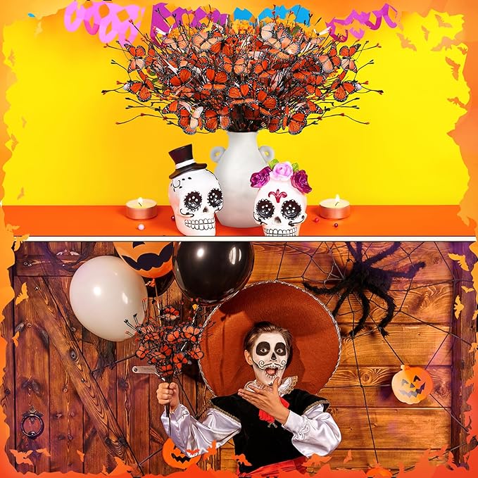 8 Pcs Monarch Butterfly Day of The Dead Decorations, Artificial Butterfly Picks Flower Bouquet for Altar Vase Filler Table Centerpiece Home Decor Halloween Floral Arrangements