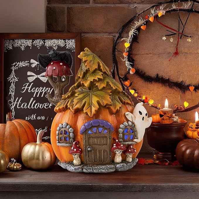 Colorful Light Up Halloween Village, 6.5"H Spooky Miniature Haunted House Decor, Resin Ghost Pumpkin Figurine Outdoor Fall Fairy Garden Statue, Indoor Tabletop Desk Mantel Decoration for Home