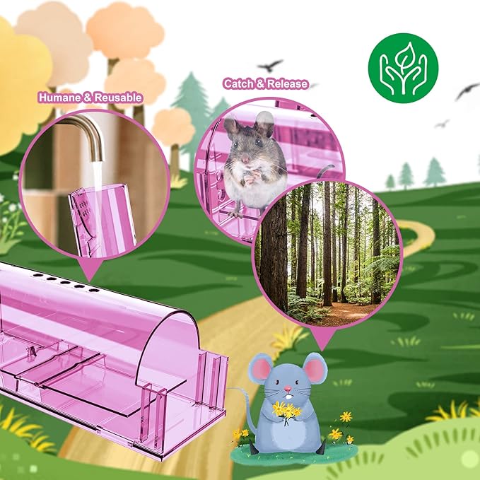 4 Pcs Humane Mouse Traps No Kill, Live Mouse Traps Indoor for Home, Reusable Mice Small Rat Trap Catcher for House & Outdoors(Pink)