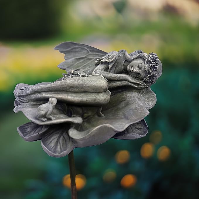 Garden Fairy Statue,Garden Sleeping Angel on Lotus Leaf with Bird Feeder Feature Outdoor Decor Sculptures Figurine Gardening Lawn