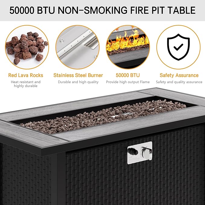 Meilocar 45in Fire Table, Propane Fire Pit with Red Lava Rocks and Rain Cover, Outdoor Firepit Table with Tile Top 50000 BTU 2-in-1 Fire Table for Patio/Yard/Balcony, Gray Tabletop
