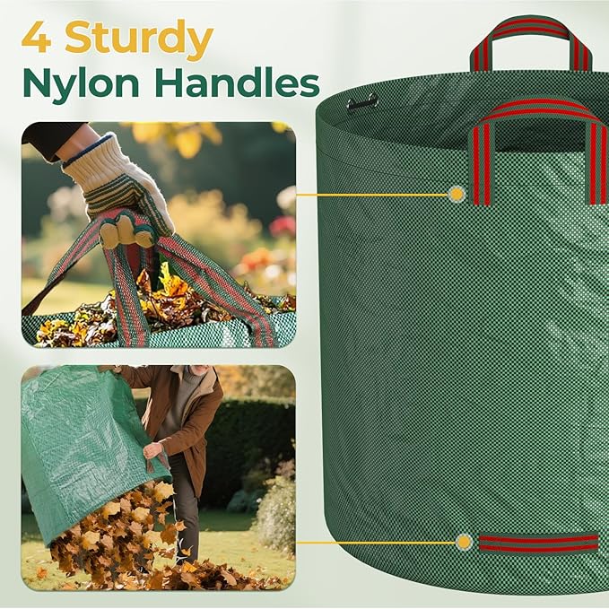EsLuker.ly 4 Pack Garden Lawn Leaf Waste Bags, 132 Gallons Reusable Yard Litter Bag with 2 Pairs Gardening Gloves, Heavy Duty Trash Containers with Handles for Outdoor Cleanup, Ideal for Homeowners