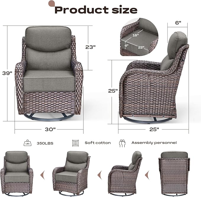 Outdoor Patio Swivel Rocker Chairs Set of 2, Waterproof Wicker, High Back, Deep Seating, Wide Armrest, Upgraded 6 inch Thick Cushions, Side Table, Ideal for Deck Porch Yard, Brown-Grey