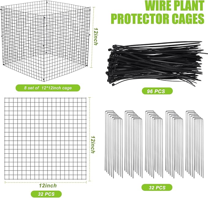 Zubebe 8 Pack Small Wire Plant Protectors Square Plant Protectors from Animals Mesh Cage Chicken Wire Cloche for Shrubs and Vegetables with Ground Stakes and Nylon Ties (12 x 12 Inch)