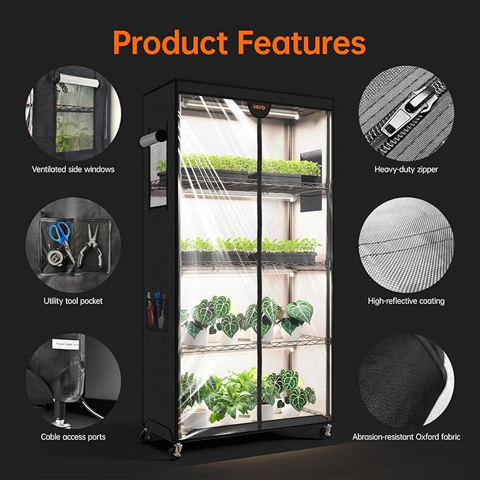 Indoor Greenhouse with Grow Light, Plant Stand with 4 Pack 5000K Full Spectrum Plant Lights , Plant Shelf with Tent for Indoor Plant, Seed Starting, Seed Tray, 29.5"x13.8"x59"
