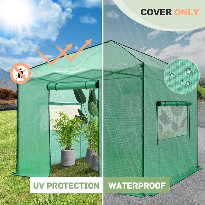 EAGLE PEAK Replacement Cover for 10x10 Portable Walk-in Pop up Greenhouse, Front Roll-Up Zipper Entry Door and 2 Large Roll-Up Side Windows (Frame Not Included), Green