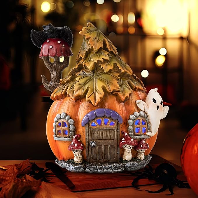 Colorful Light Up Halloween Village, 6.5"H Spooky Miniature Haunted House Decor, Resin Ghost Pumpkin Figurine Outdoor Fall Fairy Garden Statue, Indoor Tabletop Desk Mantel Decoration for Home