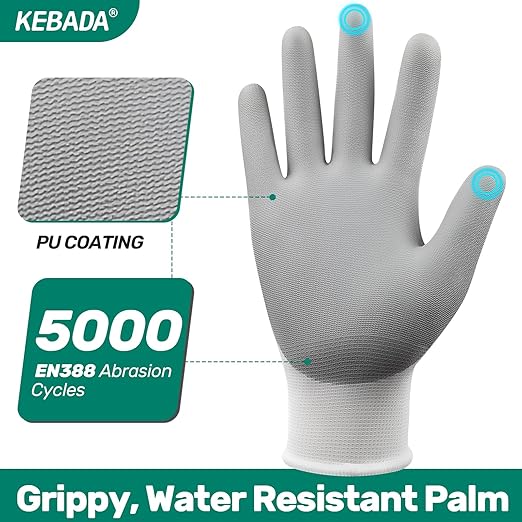 Kebada W1 Work Gloves for Men and Women, 12 Pairs Touchscreen Safety Gloves with Grip, PU-Coated, Ideal for Light & Medium Duty Tasks, White, Small