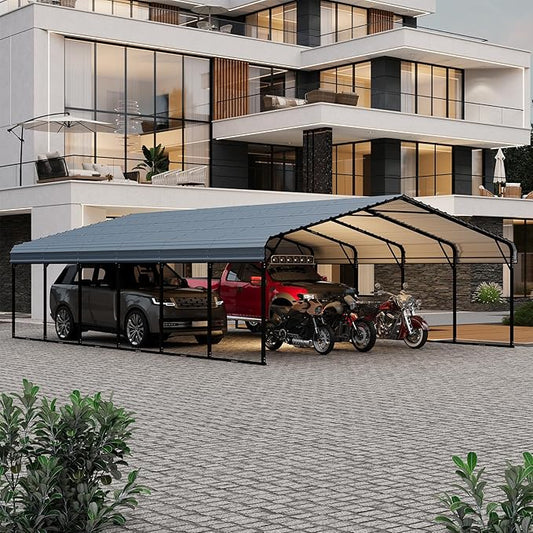EROMMY 20x30 FT Heavy Duty Metal Carport, Carports with Galvanized Steel Roof and Frame, Sturdy Car Shed in All Weathers, Easy Assembly Car-Shelter for 2 Cars, SUV, Tractors and Boat, Gray