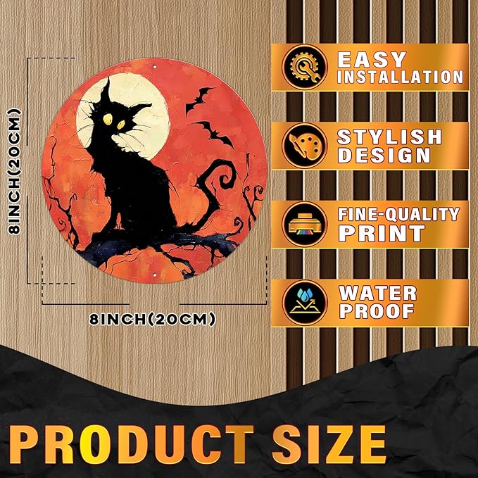 PEACHGARDEN Vintage Halloween Black Cat Round Tin Sign Gothic Decor Wall Art Metal Plaque 8x8inch