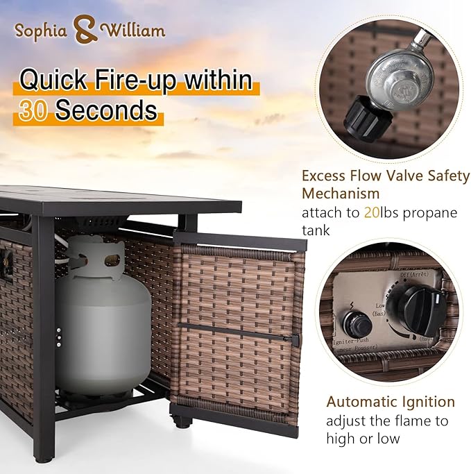 Sophia & William 56 Inch Gas Fire Pit Table Outdoor Rattan Propane Fire Table & Fireplace with Fire Glass, Lid, 50,000 BTU Firepits for Outside Patio