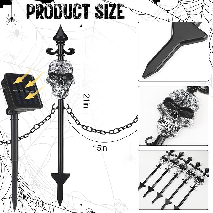 13 Set of Halloween Skull Garden Fence with Solar Light Graveyard Decor Light up Halloween Skull Lawn Stakes Pathway Decor with Connecting Chain for Outdoor Holiday Yard Decoration