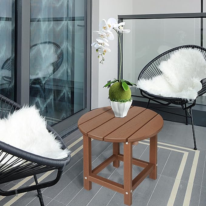 LZRS Round Adirondack Patio Side Table End Table, Outdoor Side Tables for Patio, Backyard,Pool, Indoor Companion, Easy Maintenance & Weather Resistant(Brown)