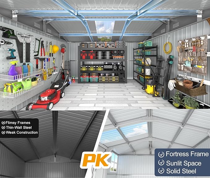 12x10 FT Metal Shed Heavy-Duty, Outdoor Storage Garden Sheds with Reinforced Steel Frame & Customizable Skylight, Weatherproof Galvanized Tool Tiny House for Backyard, Patio, and Lawn