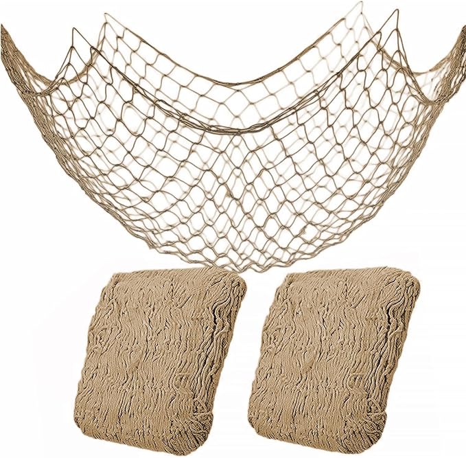2 Pack Fish Net Decorations for Party,Natural Cotton Hawaiian Party Fishing Net Decorative, Nautical Themed Cotton Fishnet Under The Sea Pirate Ocean Beach Decor