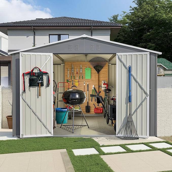 10X10 FT Outdoor Tool Storage Shed with Metal Foundation & Lockable Doors, All Weather Metal Sheds for Garden, Patio, Backyard, Lawn, Gray