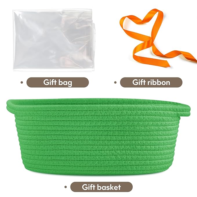 Pro Goleem Small Woven Basket with Gift Bags and Ribbons Durable Baskets for Gifts Empty Small Rope Basket for Storage 12"X 8" X 5" Baby Toy Basket with Handles, Grass Green