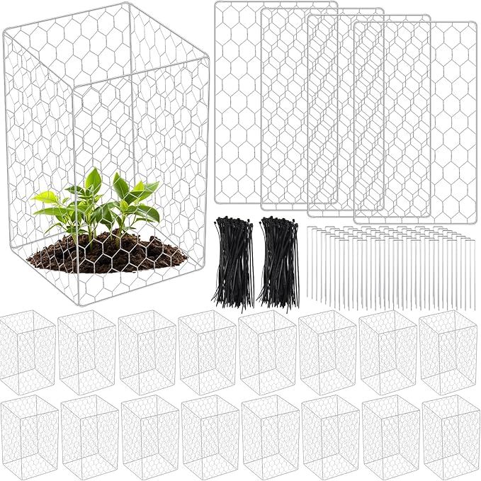 16 Set Wire Plant Protectors Square Wire Plant Cages Chicken Wire Cloche Mesh Plant Cage with 64 Ground Stakes and 200 Nylon Ties Protect Plants, Garden, Vegetables from Animals(12 x 20)