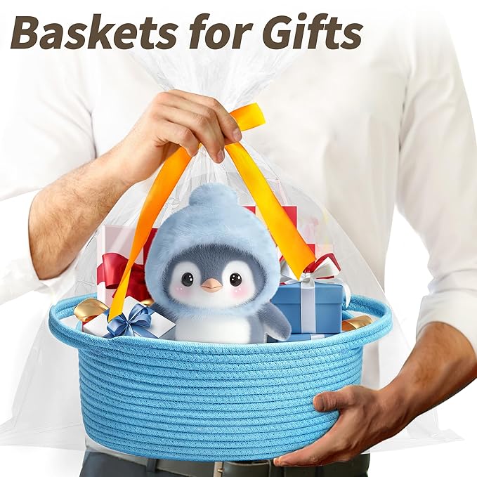 Pro Goleem Small Woven Basket with Gift Bags and Ribbons Durable Baskets for Gifts Empty Small Rope Basket for Storage 12"X 8" X 5" Baby Toy Basket with Handles, Blue