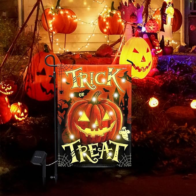 FLAGWIX Halloween Garden Flag - Solar Flag Light for Garden Decor 11.5"x17.5" - Fall Garden Flags for Halloween Decorations, Pumpkin Yard Flags for Fall Outdoor Decor, Outside Decorations for Yard