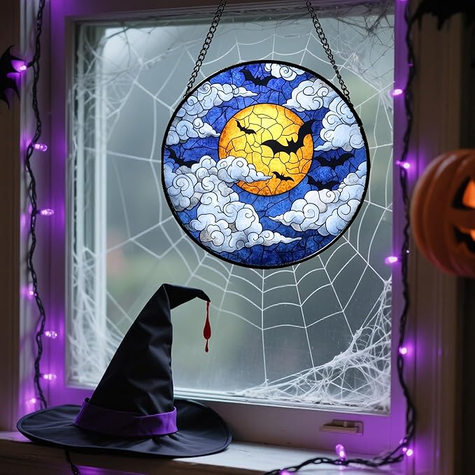 Stained Glass Window Hanging - Halloween Decorations Bats Moon Clouds Suncatcher for Doors Garden Indoor Spooky Funny Sun Catchers Gothic Decor Horror Gifts for Women Men Friend 15 in