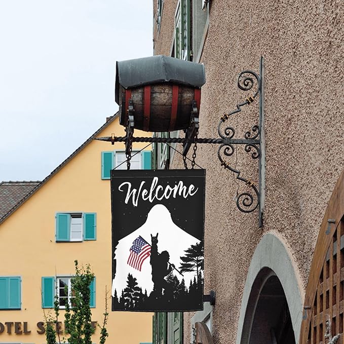 Bigfoot American Flag Garden Flag Welcome Party Outdoor Outside Decorations Picks Home House Garden Yard Decor 12x18 Inch