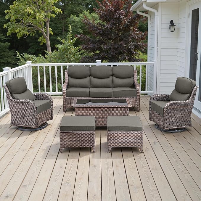 Wicker Outdoor Patio Furniture Set - 6 Piece Patio Conversation Sets with Swivel Rocker Chairs, Ottomans, Sofa and Coffee Table, 6 inch Cushions, Deep Seating, for Porch Deck Brown/Grey