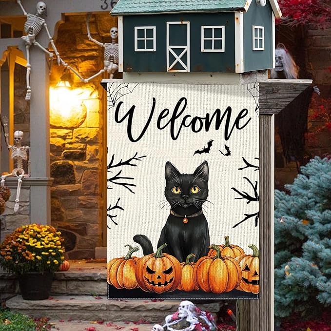 DLZDN Welcome Halloween Black Cat Garden Flag Jack O Lantern Flag 12×18 Inch Double Side Vertical Burlap Farmhouse Yard Sign Holiday Seasonal Outdoor House Decoration
