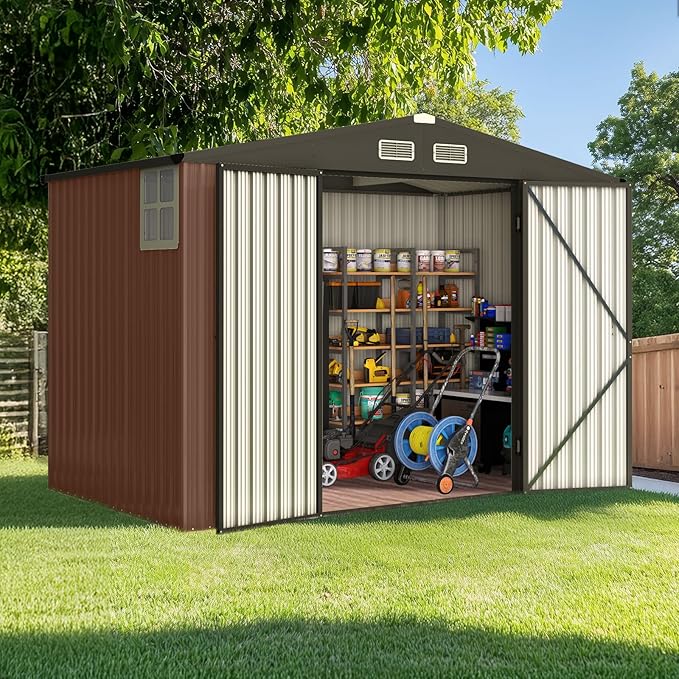 Quictent Heavy Duty 8X6 FT Outdoor Metal Storage Shed, Lockable Tool Shelter Waterproof Shed for Garden, Backyard, Lawn and Patio Scene with Combination Lock, Brown(8.2X5.8 FT Base, No Floor)