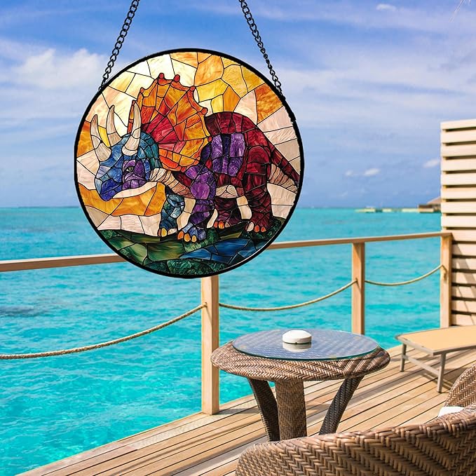 Stained Glass Window Hanging - Triceratops Abstract Dinosaur Suncatcher for Door Terrace Garden Home Decor, Orange Red Sun Catcher Birthday Gifts for Lovers Women Men Dad Mom Nana 11.8 in