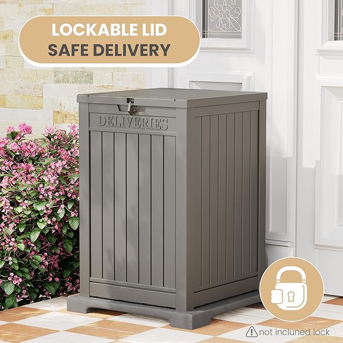 48 Gallon Outdoor Storage Box, Package Delivery Box for Outside with Lockable Secure, Resin Outside Storage Box Waterproof Deck Box for Patio & Pool, Grey