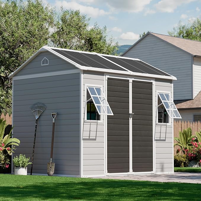 Restland 8x6 FT Resin Storage Shed with Floor & Adjustable Windows Outdoor Weather Resistant Plastic Sheds for Backyard Garden Lawn (Light Grey)