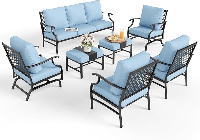Patio Furniture Set 7 pcs, Outdoor Patio Furniture, 3-Seat Sofa, 2 Single Chairs, 2 Rocking Chairs, 2 Ottomans and 5.75" Extra Thick Cushion, Patio Conversation Set for Backyard Deck,Blue