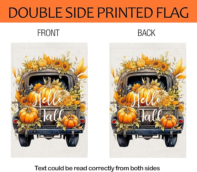 Hello Fall Pumpkin Truck House Flag 28x40 Double Sided, Autumn Thanksgiving Large Garden Flags for Outside, Holiday Seasonal Yard Flag Outdoor Decorations for Home