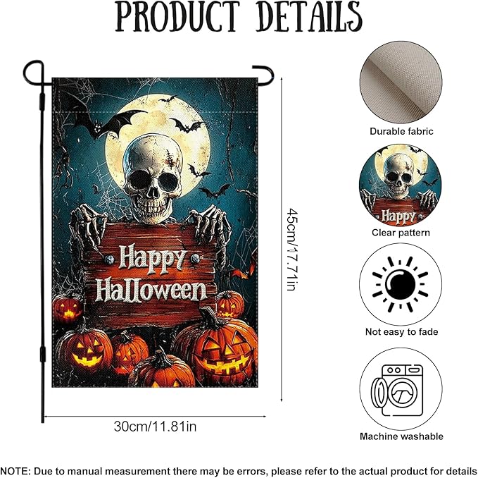 Halloween Garden Flag 12 x 18 Inch Double Sided Skeleton Pumpkin Designs Happy Halloween Fall Autumn Burlap Yard Flag for Outside Rustic Yard Outdoor Holiday Home Decoration