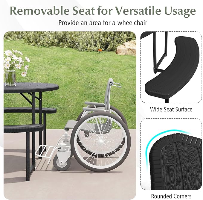 Giantex Picnic Table Bench Set for 4-8 Person, Round 37” Outdoor Dining Table w/Umbrella Hole, HDPE Tabletop, Metal Frame, Patio Furniture Set for Backyard Porch Lawn, 1400lb Capacity (Black,Round)