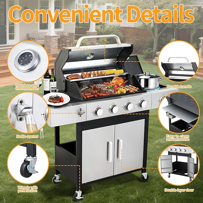 4 Burner Propane Gas BBQ Grill with Side Burner - 46890 BTU Output Stainless Steel Grill with Enameled Cast Iron Cooking Grid Side Table for Outdoor Backyard Patio Barbecue