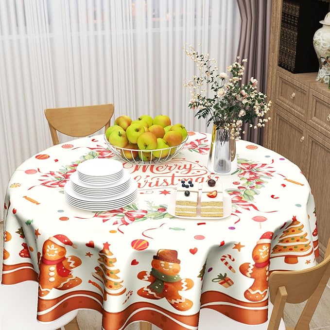Merry Christmas Tablecloth Round 60 Inch,Traditional Xmas Gingerbread Man Cookie Reusable Washable Circular Table Cover for Holiday Home Kitchen Party Wedding Picnic