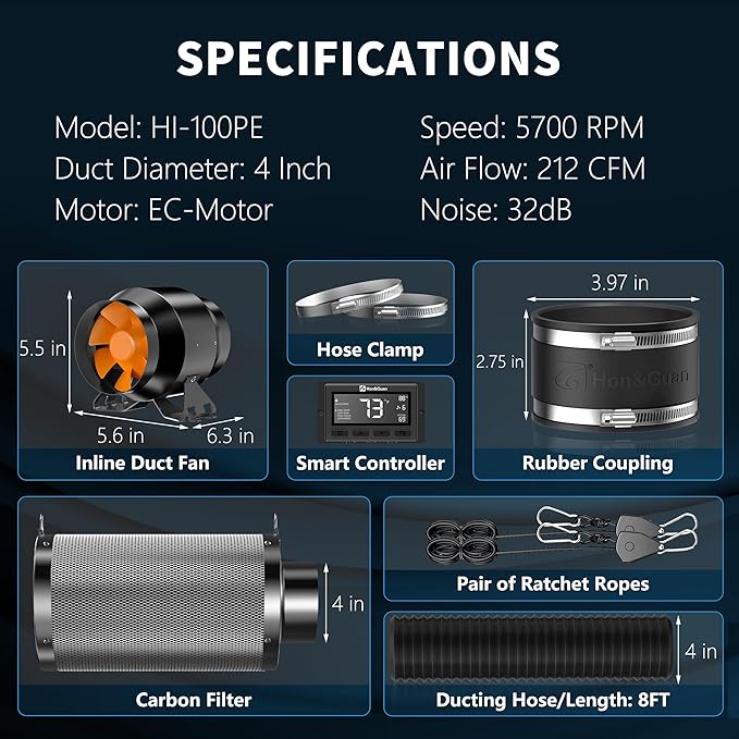 Hon&Guan 4 Inch 212 CFM Air Filtration PRO Kit for Grow Tent Ventilation System, 4" Inline Duct Fan with EC Motor, Smart Temperature Humidity Controller, 4" Carbon Filter & 8 Ft Ducting