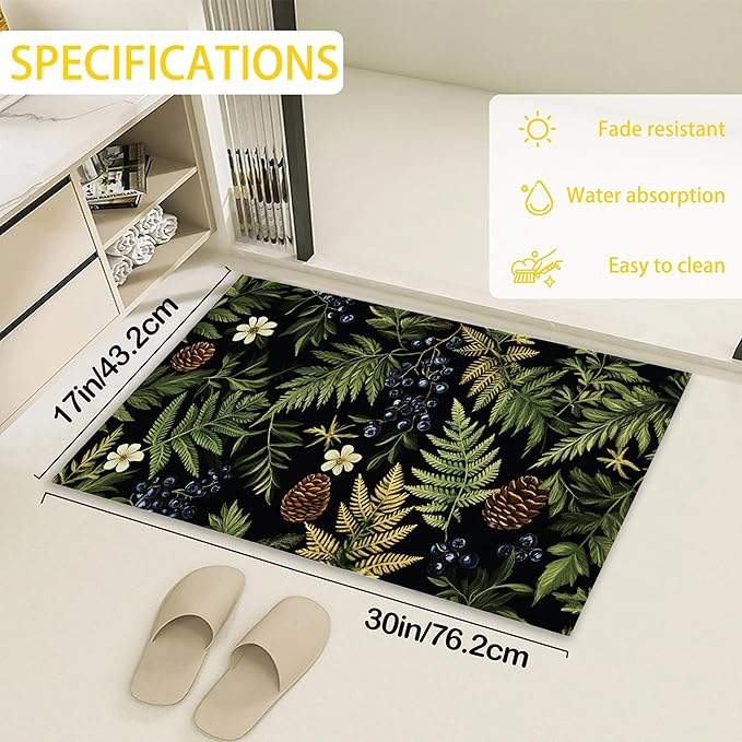 Green Herb Leaves Indoor Outdoor Rugs,Forest Berries Pine Cones Doormat Outside Entrance,Non-Slip Welcome Mat Indoor Felt Floor Mat for Back Door Patio, Porch,Home Entryway,30 x 17 Inch