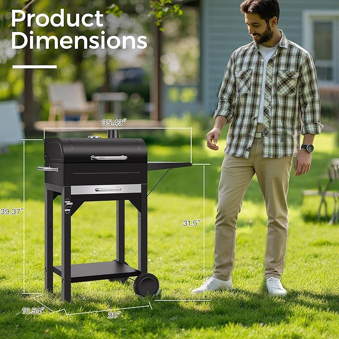 Charcoal Grill, Outdoor BBQ Grill with Side Table and Grease Tray, Double Layer Heavy-duty Steel Smoker Grill with Thermometer and Wheels for Outdoor Picnic, Patio, Backyard, Camping Cooking, Black