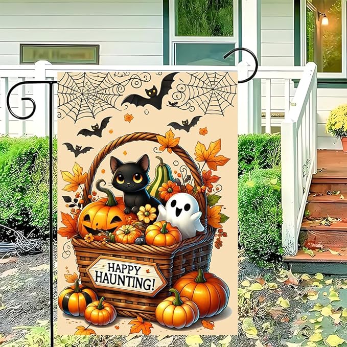 Spooky Halloween Cat Ghost Garden Flag 12x18 Inch Double Sided Yard Outdoor Decoration