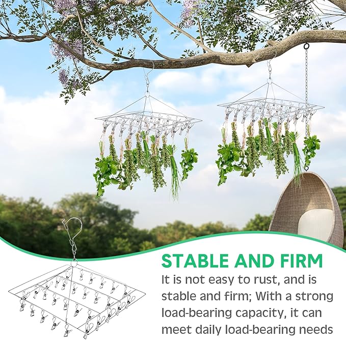 Bokon 4 Pcs Hanging Drying Rack for Herb Macrame Flower with Stainless Clip Dryer Hook for Drying Herb Air Plants Spices Flower Hydroponic Plant Ready to Use with Ceiling Hook(Square)