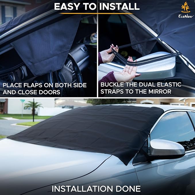 EcoNour Truck Windshield Cover for Ice and Snow (74"x43") | Snow Brush and Ice Scrapers for Car (1 Pack) with Scratch Free Bristle Head | Winter Car Kit for Pickup Trucks, Fullsize SUVs