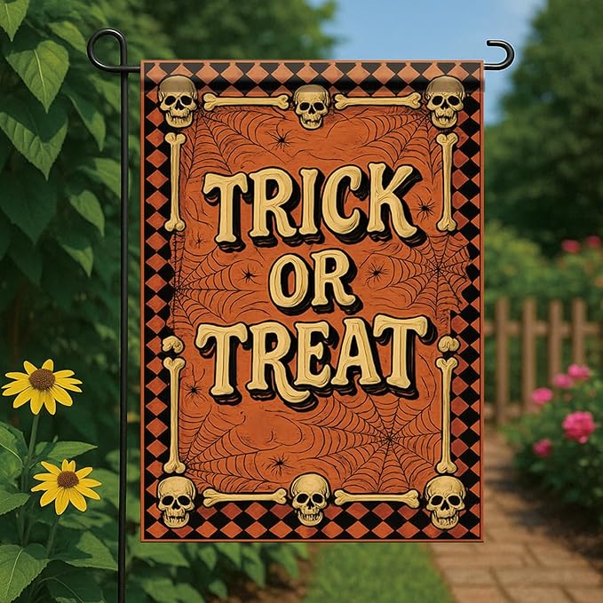 Halloween Garden Flag Trick or Treat Skulls Spider Webs Flag 12x18 Inch Double Sided Outdoor Yard Banner for Halloween Haunted House Spooky Trick or Treat Decoration Decor