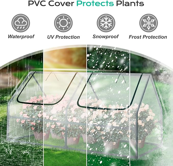 BPS 4x2x2 ft Mini Greenhouse with Transparent PVC Cover UV-Protected Roll-Up Zipper Windows, Ideal for Indoor or Outdoor Use on Raised Garden Beds