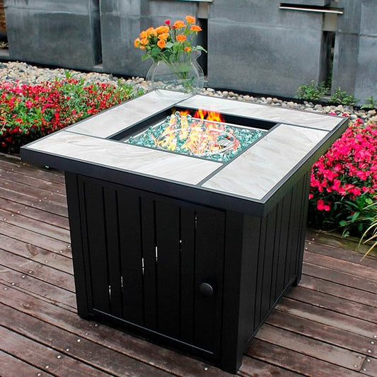 30" Propane Fire Pit with Real Ceramic Tabletop, 50000 BTU Gas Firepit Table with Lid & Glass Rock, Outdoor Fire Pit for Dining or Party, Firepit for Outside, Patio, Garden, Yard