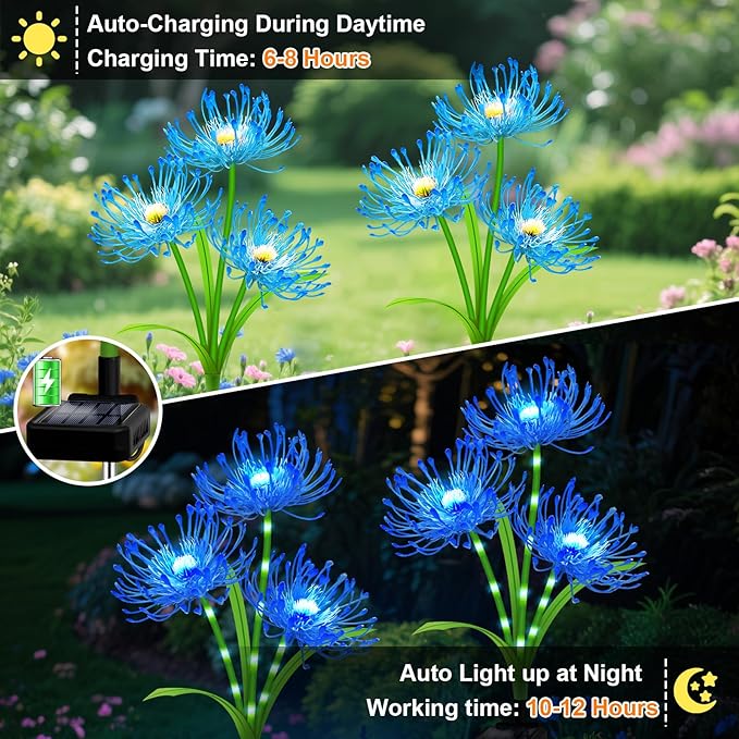Solar Outdoor Lights Blue Spider Lily – 4 Pack 12-Head Waterproof Garden Flower Lights with Glowing Stems,Decorative Solar Powered Yard,Patio & Lawn Decor,Halloween & Gardening Gifts for Women Grandma