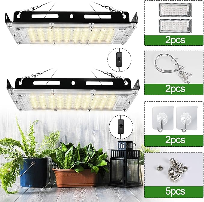 2pcs Hanging Grow Lights for Indoor Plants (20w X2) with Height Adjustable, 4000 Lumen LED Bonsai Houseplant Growing Lamp with On/Off Switch, Grow Light UV-IR Full Spectrum