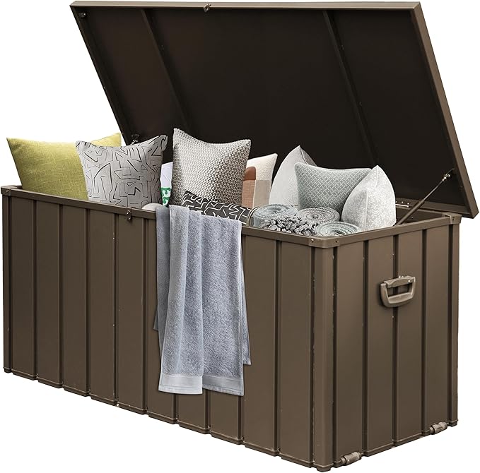 Domi Deck Box 150 Gallon, Waterproof Lockable Steel Outdoor Storage Container for Outside Cushions, Garden Tools and Pools Equipment, Brown